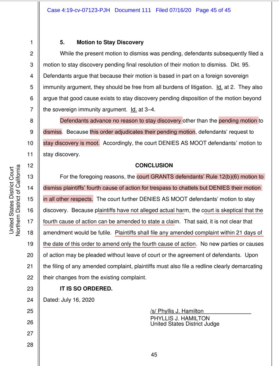 To be fair after following this case quasi closely, I didn’t think WhatsApp had solid ground re “Chattels” it seemed like a stretch to me but I was curious they didn‘t abandon that claim so the Court did it for them by granting NSO MTD that count.