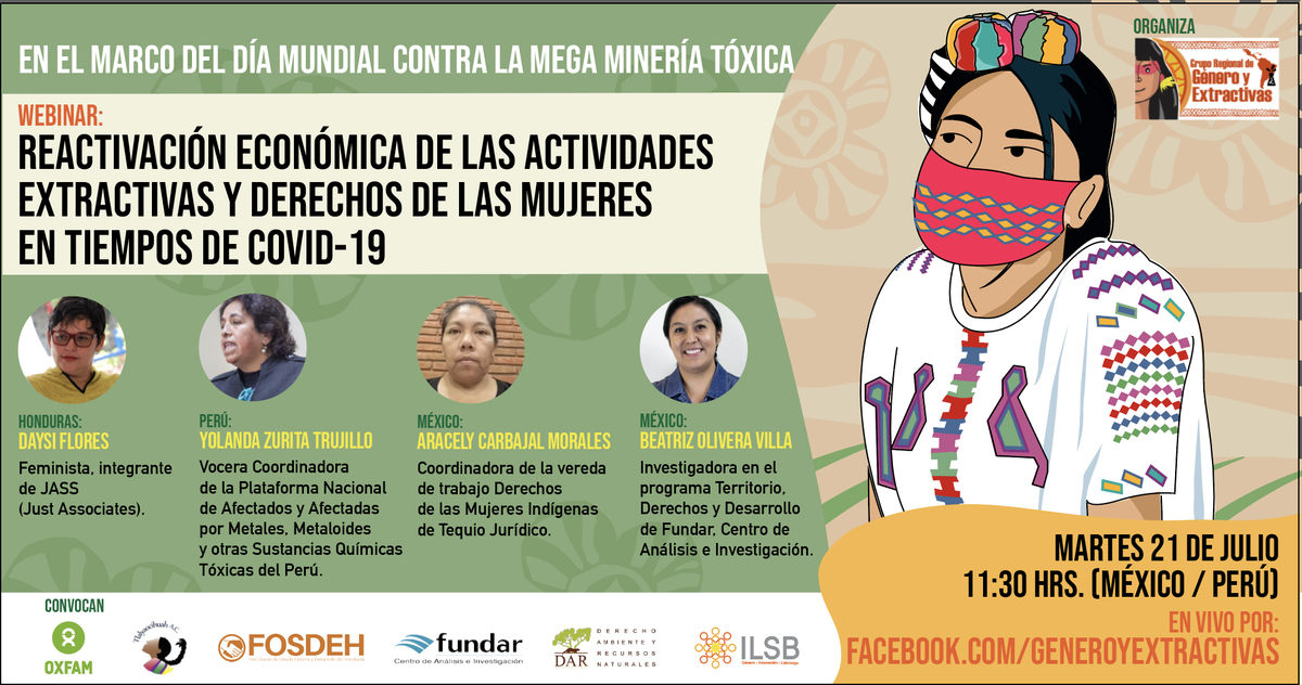 ilsb_ac's tweet photo. ¡Aparta la fecha!
#Webinar: Actividades extractivas y derechos de las mujeres rurales. Una pandemia más.
En el marco del Día Mundial contra la Mega-minería Tóxica.

🗓️ #21JUL - 🕙 11:30 am 🇵🇪 🇲🇽 | 10:30 🇭🇳 🇳🇮#GéneroyExtractivas #GRGE

Más: https://t.co/KPKABKE2UR https://t.co/Du0kQZAwre