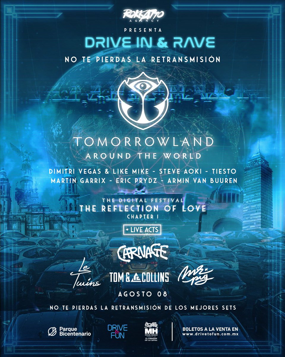 🇲🇽 MÉXICO!! ROKKATTO PRESENTA “DRIVE IN &amp; RAVE” presentará la retransmisión oficial del Tomorrowland Around The World este 08 de Agosto en el <a href="/BicentenarioQro/">ParqueBicentenario</a> LIVE ACTS:
- @djcarnage 
- <a href="/TOMandCOLLINS/">Tom & Collins Music</a> 
- <a href="/DaniellBautista/">Daniel Bautista</a> 
- <a href="/Letwinsofficial/">LE TWINS🚀</a>