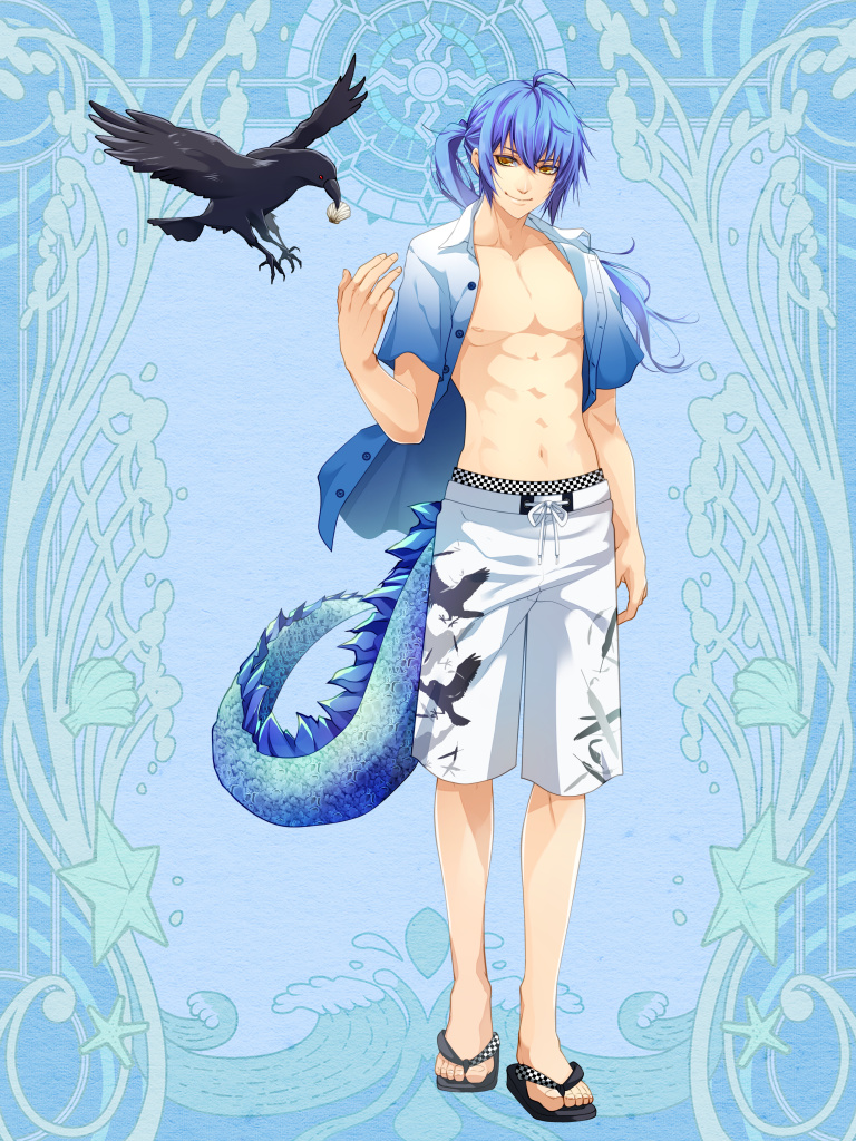 大人の姿の水着は大変かっこいいぞ 鴉モチーフ水着と貝殻持ってくる使い魔 ちらりと乳首 第六猟兵 C 夕陽 いしはま様 トミーウォーカー ツイレポ