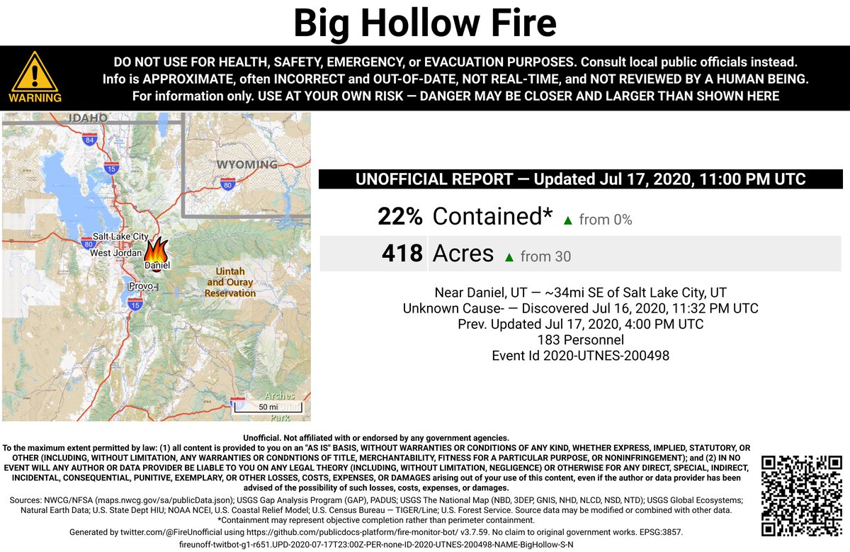 UtahNevFireBot's tweet image. #BigHollowFire 🔥 unofficial, automated update.
Near Daniel, UT. ⚠️ DO NOT USE FOR SAFETY PURPOSES - See officials instead. May be incorrect; disclaimers in images.