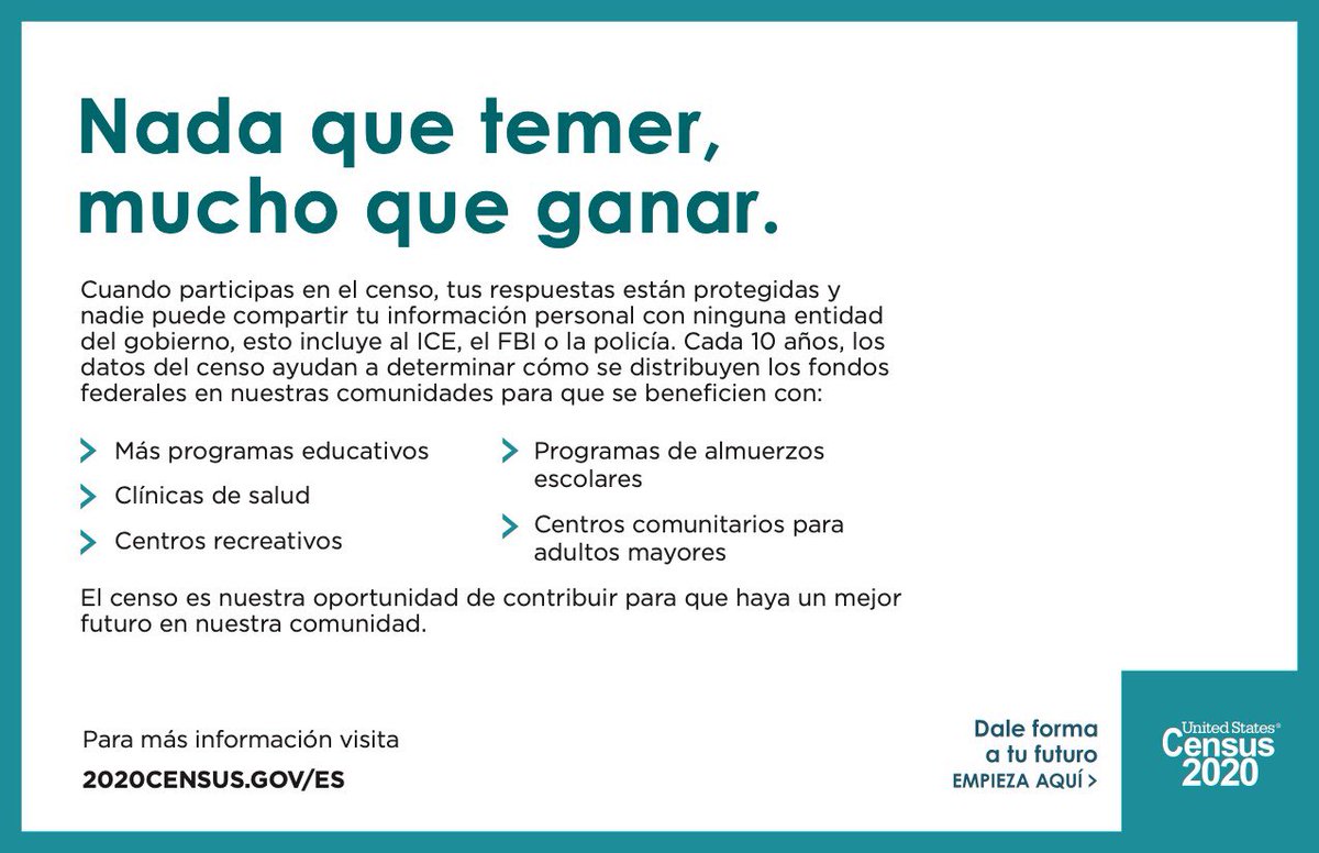 ConsulmexFila's tweet photo. Independientemente de su situación migratoria, sus datos personales están protegidos por ley.

Ningún funcionario del #Censo2020 puede compartir su información con autoridades como ICE, el FBI o la policía.

¡Hágase contar! https://t.co/O708gBoqdD

#LatinosCount #Census2020 https://t.co/fdDTuTbfKO