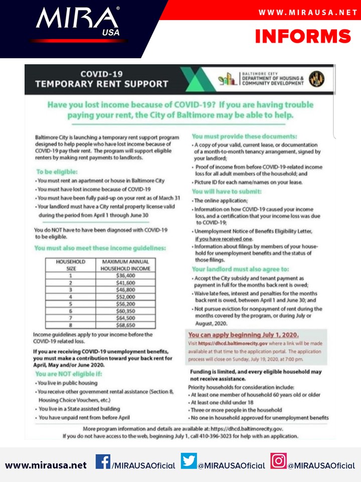 MIRAUSAOficial's tweet photo. MIRA USA Informs
Get rental assistance in the City of #Baltimore in #Maryland
The application period is from July 1, 2020 to July 19, 2020. Limited funding is available
Find more information 👉🏻https://t.co/uvRrfnW3Hk
Clic here to Apply: https://t.co/mSRn4gYogG https://t.co/YMMctUV3z7