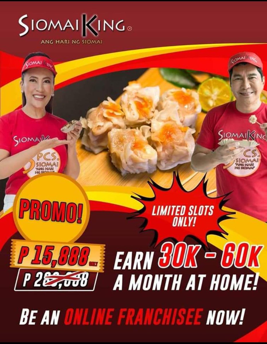 LhanBustinera's tweet photo. This is the perfect Online Business
5 in 1 Concept ONLINE FRANCHISE 
For only PHP 15,888.00 ‼
☑️SIOMAI KING
☑️SIOPAO DA KING
☑️NOODLE HOUSE
☑️POTATO KING
☑️BURGER FACTORY
Limited slots only,Lifetime, No renewal fee, No royalties, No rental expense &amp; Transferrable! 
Pm me 📩. https://t.co/HUH4QttWjW