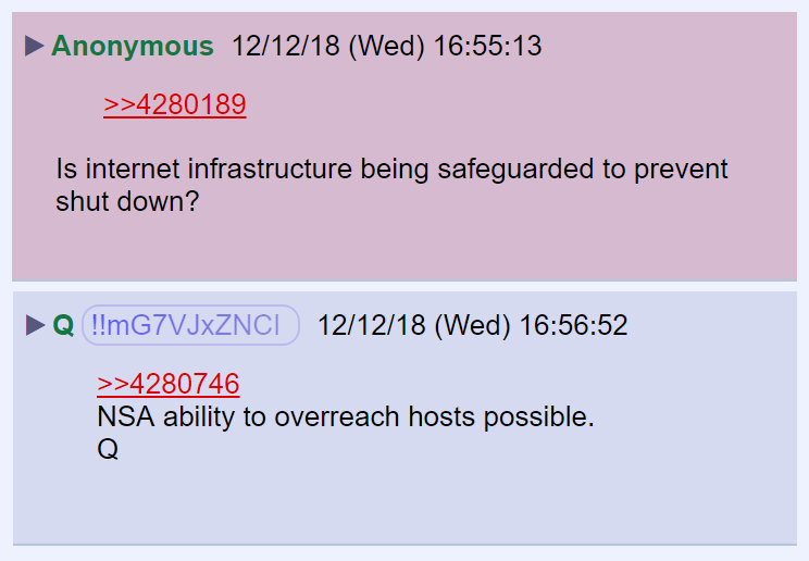 26) During a Q & A session in 2018, Q answered a question about the safeguards that were in place to prevent attempts to shut down the internet.