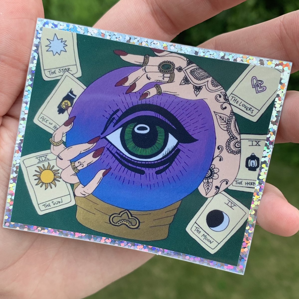 afterglowfw's tweet photo. “what the future holds” stickers are still available (only about 25-30 left)🌟🧙🏼‍♀️🔮✨
i dropped the price, they are now $5 each🥰
they are waterproof and durable for 3-5 years with a GLITTER boarder!✨ https://t.co/kt59HkAI7O