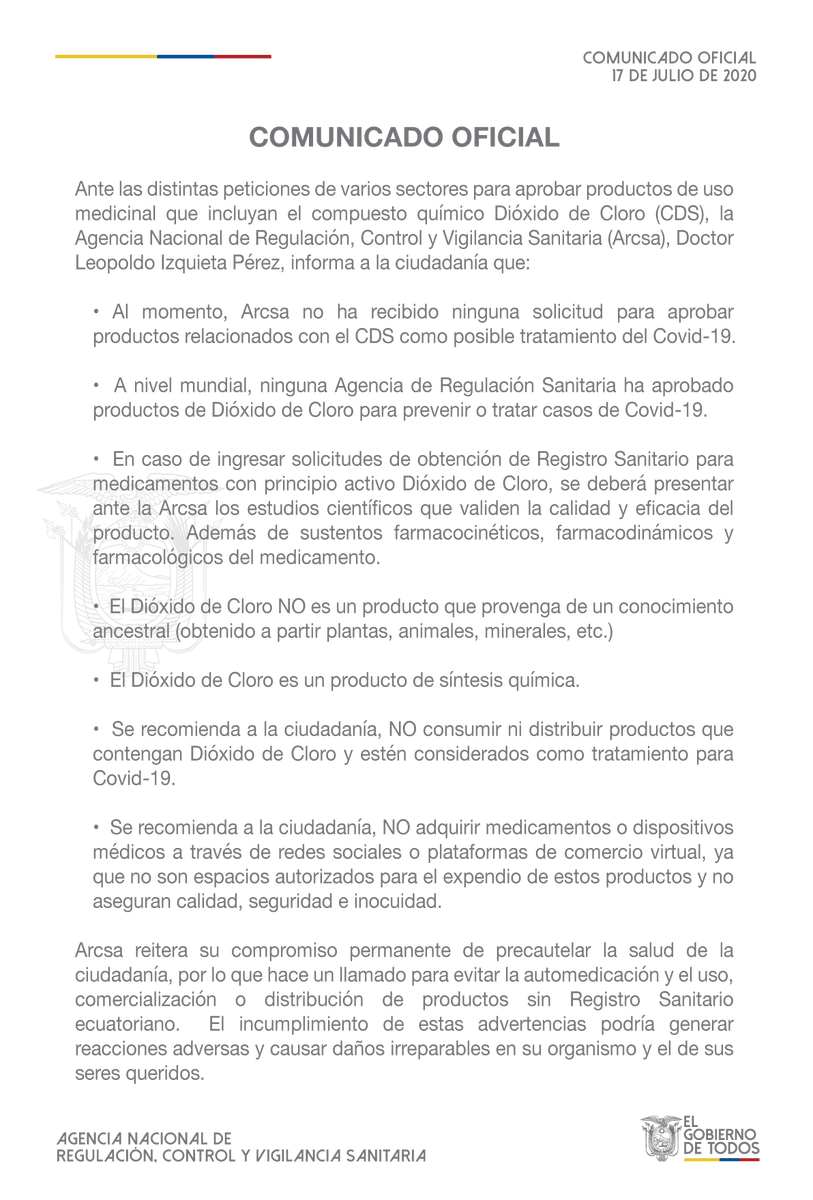 Arcsa_Ec's tweet photo. [Comunicado Oficial]📜@Arcsa_Ec informa a la ciudadanía sobre el Dióxido de Cloro.

Más información en https://t.co/qQIPPs3AL6 🇪🇨 https://t.co/7w1hESsClj