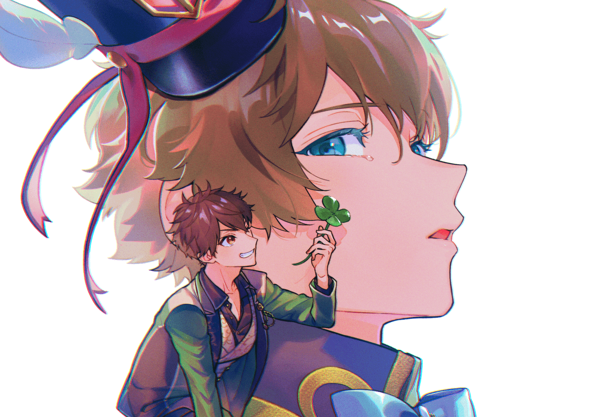 clover male focus 2boys multiple boys brown hair four-leaf clover hat  illustration images