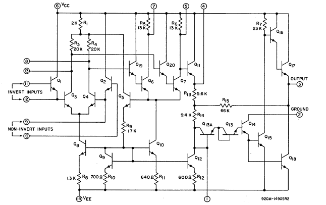 only NPN transistors. a bunch of intermediate nodes come out to pins. a ground pin. this is a strange op amp.