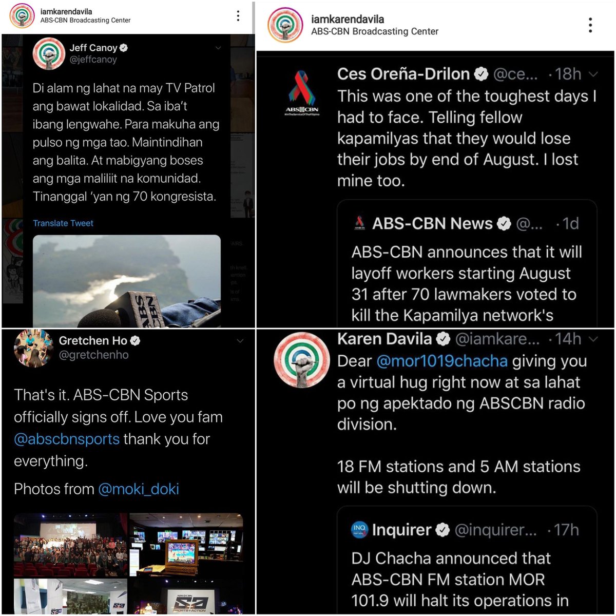 Sharing the messages/posts of ABS-CBN journalists as a significant number of the network's employees face unemployment amidst an ongoing health pandemic after 70 congressmen chose to deny the company a franchise. nadine igs (July 18, 2020)/iamkarendavila