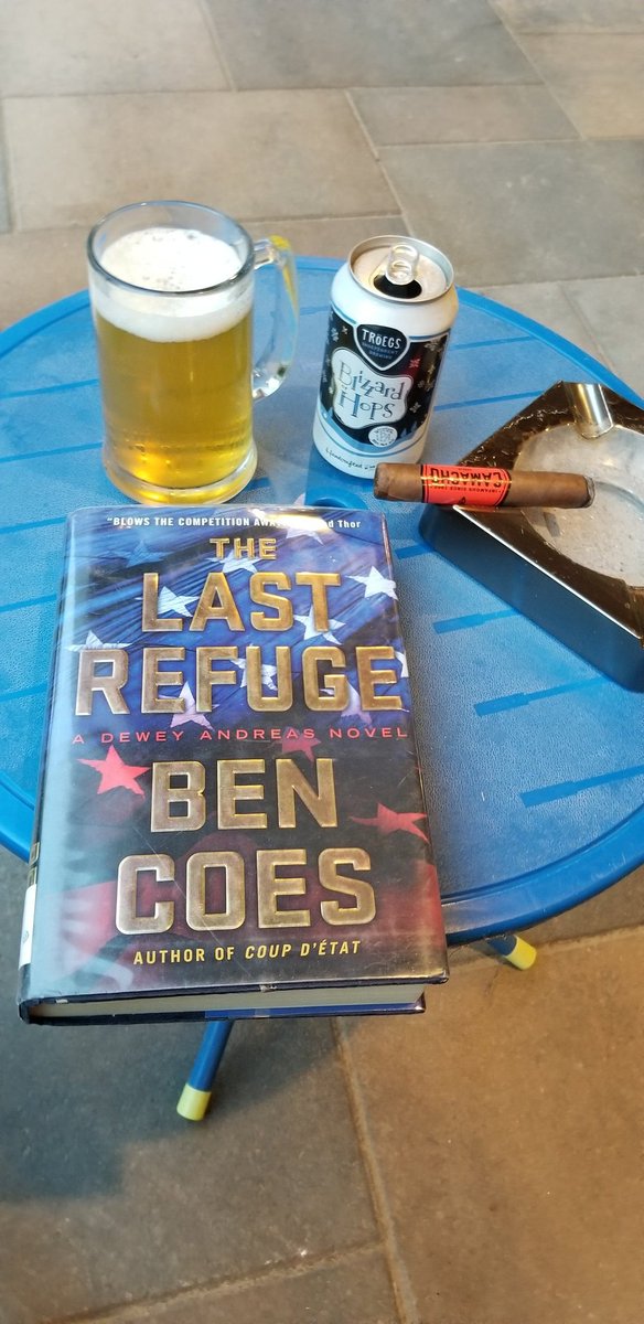DrewT725's tweet photo. #OnTheBlueTable this evening with; @camachocigars Corojo Robusto, @TroegsBeer Blizzard of Hops IPA, and The Last Refuge by @authorbencoes https://t.co/KxtmHY6X1c