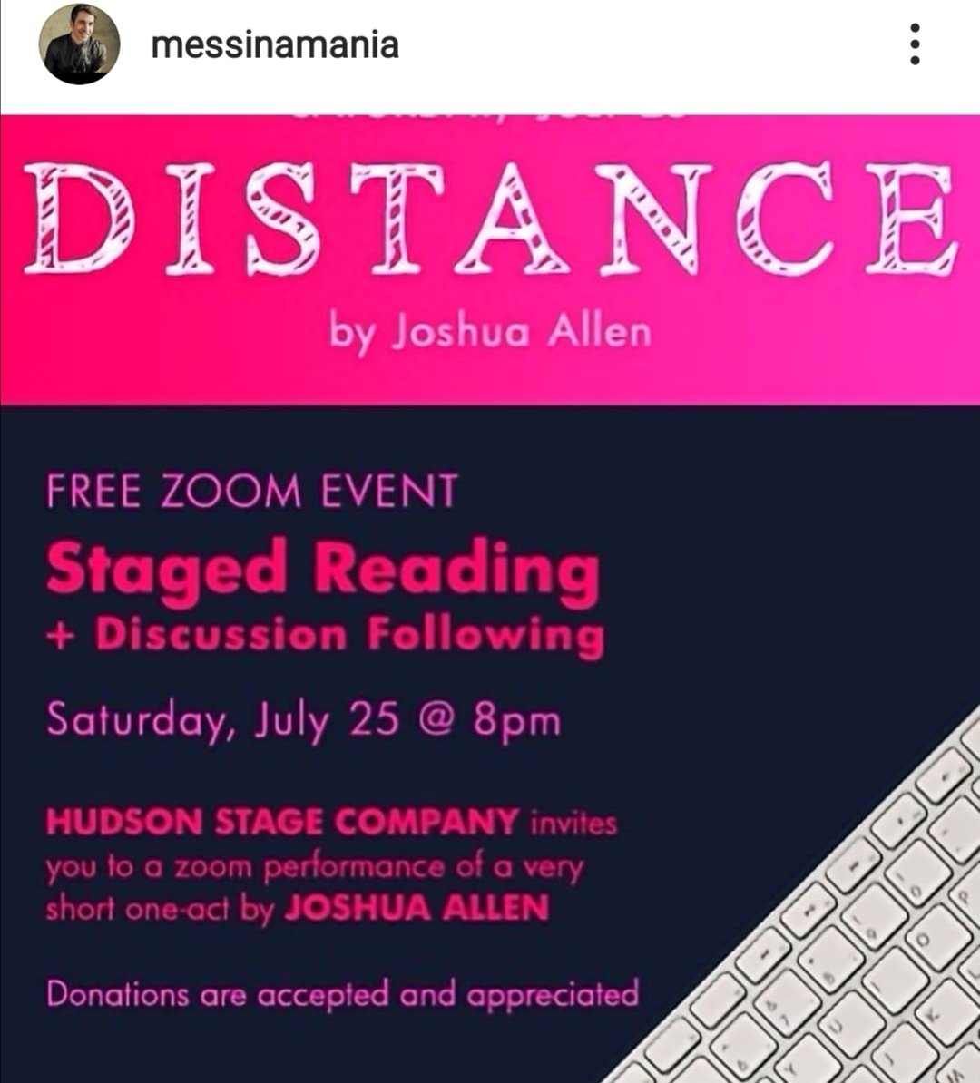 MessinaMania's tweet photo. When you can't come to the theatre, the theatre comes to you! Enjoy this short one act performance next Saturday, where alongside Betty Gabriel there will be a staged reading of 'Distance' by Joshua Allen, which you can view via zoom thanks to @hudsonstage 🎬🎥

#chrismessina https://t.co/yH8ly2PRZe