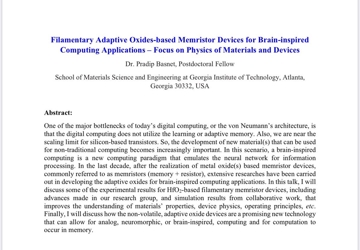 PradipBasnet's tweet image. Presented my research at Nepal Physical Society, entitled “Filamentary Adaptive Oxides-based Memristor Devices for Brain-inspired
Computing Applications – Focus on Physics of Materials and Devices” #Memristor #BrainInspiredComputing