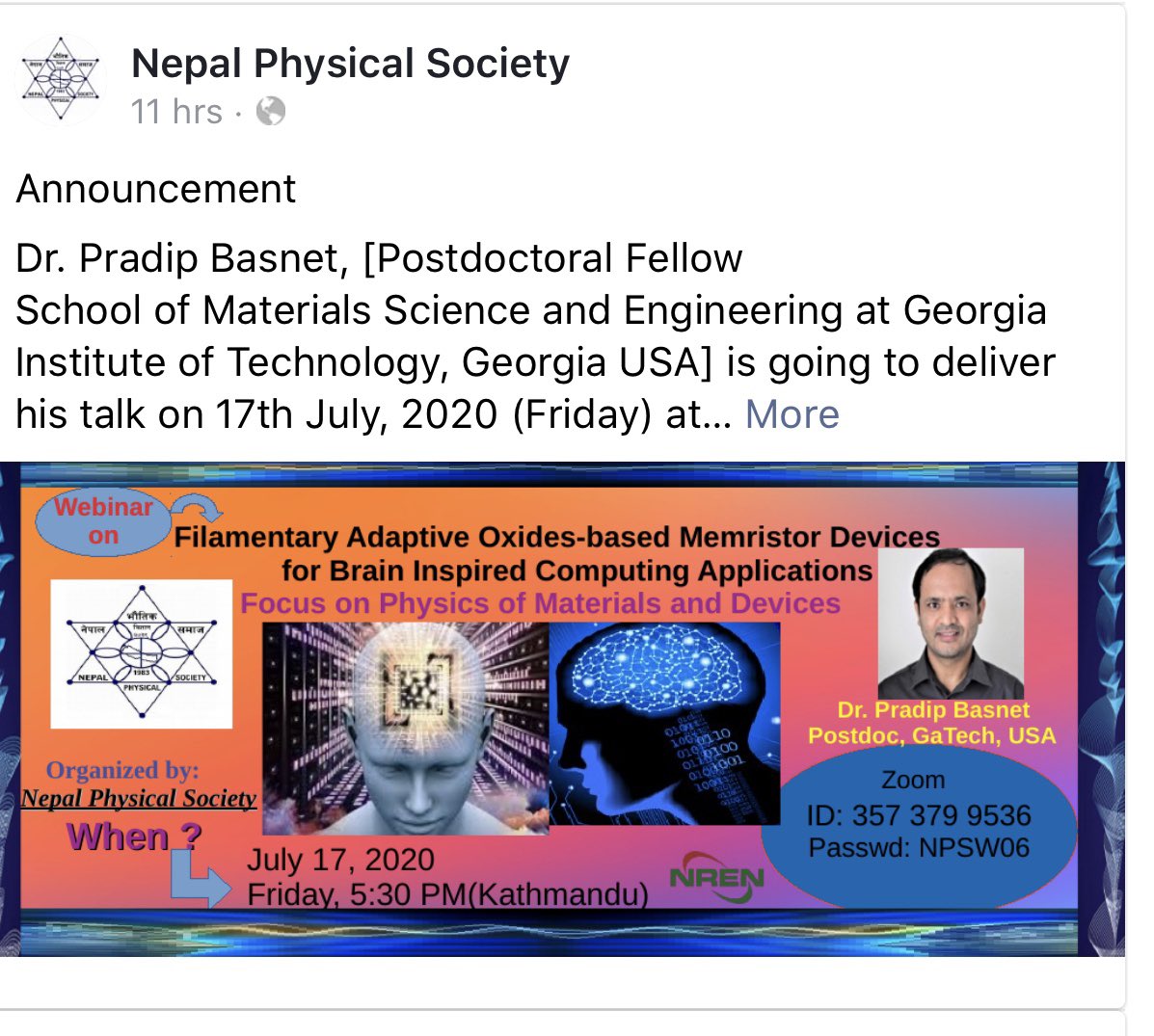 PradipBasnet's tweet image. Presented my research at Nepal Physical Society, entitled “Filamentary Adaptive Oxides-based Memristor Devices for Brain-inspired
Computing Applications – Focus on Physics of Materials and Devices” #Memristor #BrainInspiredComputing