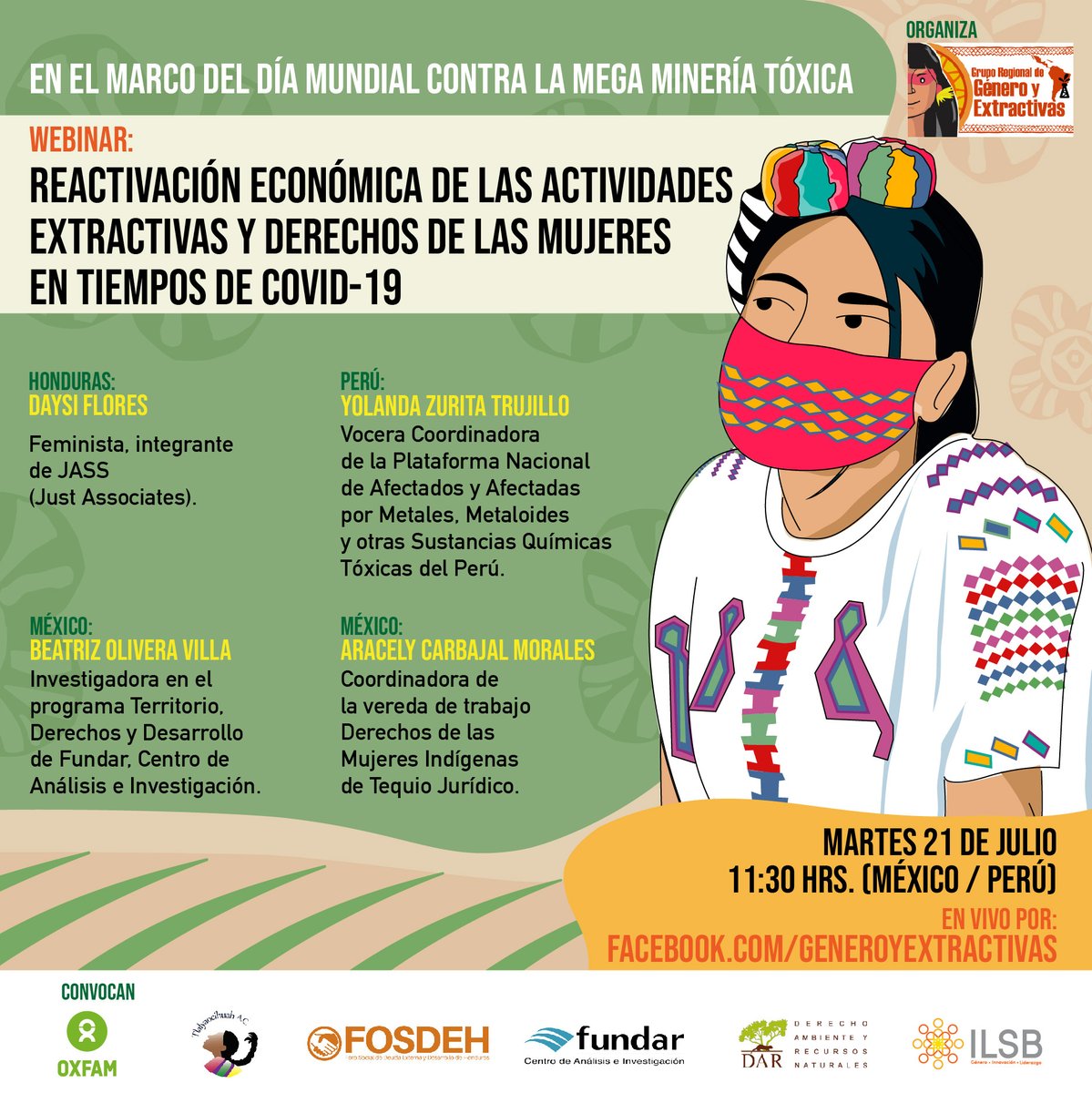 ONGDAR's tweet photo. #MAÑANA 💻 Participa del webinario "Actividades extractivas y derechos de las mujeres rurales. Una pandemia más" del #GRGE

🗓️ #21JUL - 🕙 11:30 am 🇵🇪 🇲🇽 | 10:30 🇭🇳 🇳🇮

▶️ Agenda https://t.co/5NJ8KYYuTW
▶️ Inf https://t.co/whVKAQY4Y5
▶️ Transmisión https://t.co/hxGHRlSovW https://t.co/zvaKeTxRht