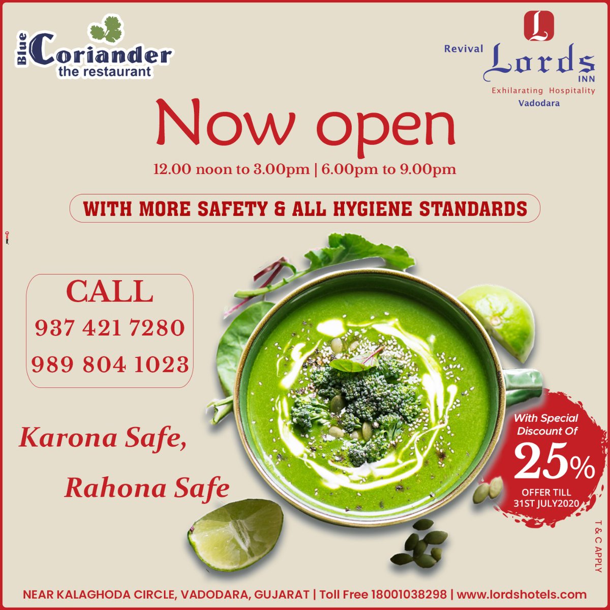 revivallordsho1's tweet photo. Now Open #BlueCoriander with Special Discount of 25% off #Offer Till 31st July'20
--
#nowopen #specialdiscount #bluecoriander #revivallordsinnvadodara #Karona_safe #rahona_safe #lordshotelsnresort #LordsHotels #TrueValueHotels #yokemate #yokematehardik #mryokemate #tapaspandya https://t.co/GkwOyeStW4