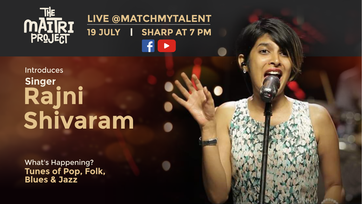 MatchMyTalent's tweet photo. Beat the #quarantine blues with some #blues, #pop, #folk and #rock #music and a tinge of rich, improvised #jazz on #TheMaitriProject with Rajni Shivaram.
Going live on FACEBOOK and YOUTUBE on Sunday, 19 July at 7 PM.
#MatchMyTalent #facebooklive #MusicSessions #YouTubeLive https://t.co/1y8JyXwwP1