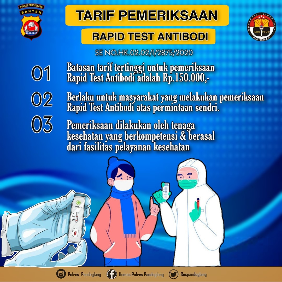 Penetapan Tarif Pemeriksaan Rapid Test Antibodi
Dasar :
Surat edaran kemenkes RI No.HK.02.02/I/2875/2020
-Batasan tarif tertinggi untuk pemeriksaan Rapid Test Antibodi adalah Rp 150.000,- 
-Berlaku untuk masyarakat yang melakukan pemeriksaan Rapid test Antibodi