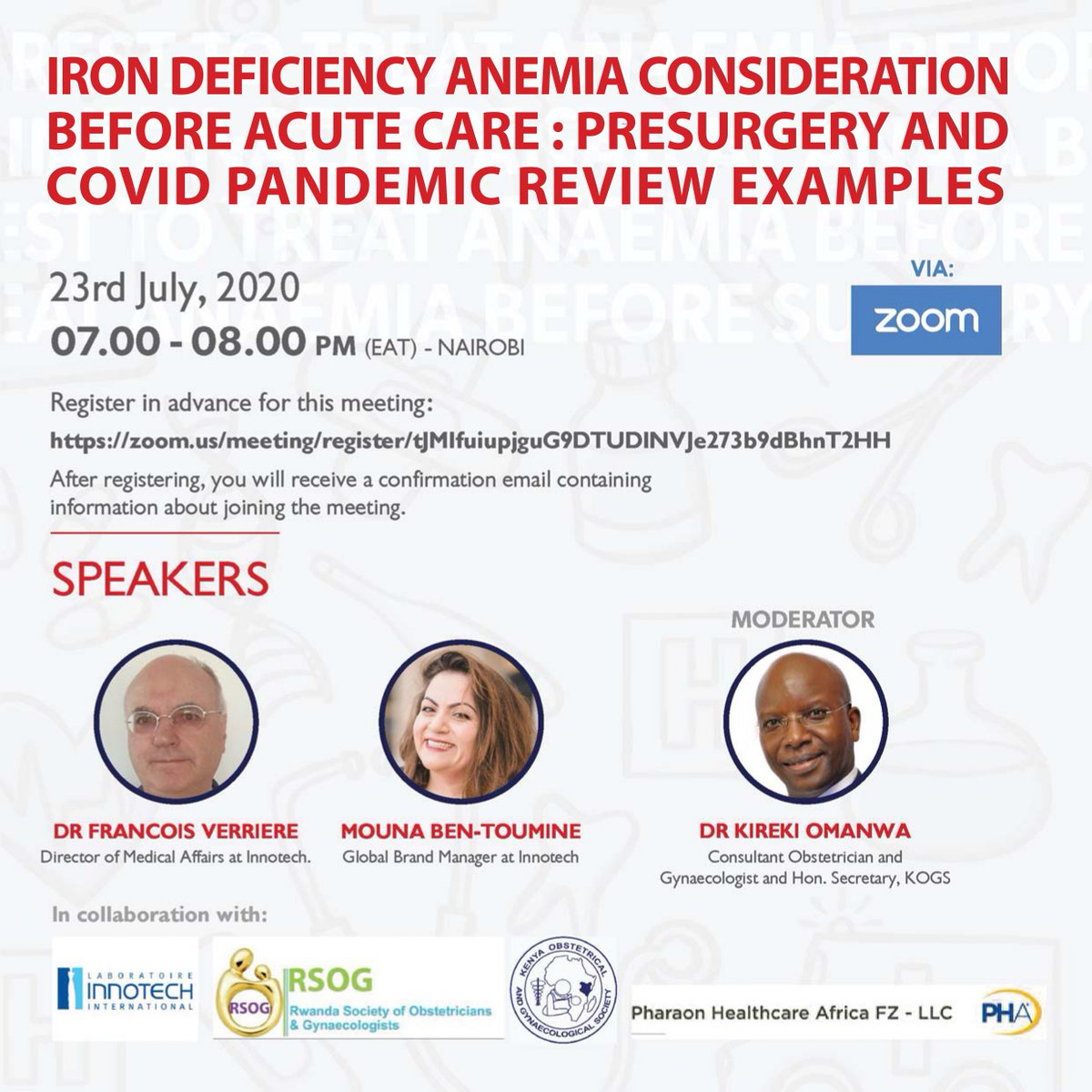 TheKOGSociety's tweet photo. KOGS in conjunction with Phillips is pleased to invite you to the webinar "Iron deficiency anemia consideration before acute care: pre-surgery and Covid pandemic review examples. Date: 23rd July 2020. Time: 7PM (EAT) – Nairobi 
*Register here:
https://t.co/LpV3KUx8m5 https://t.co/N1sEiJrWe9