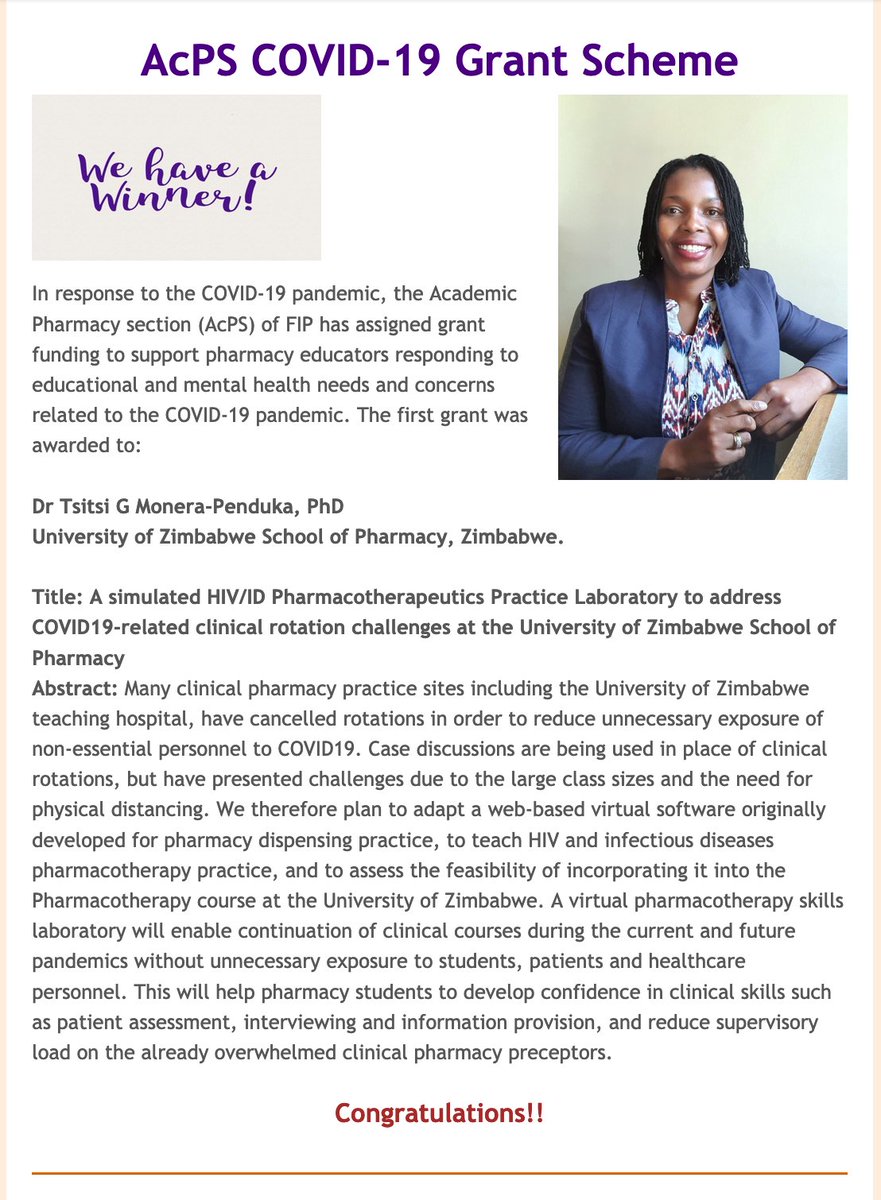 Looking forward to completing this this project! Thank you @FIP_AcPS for supporting #PharmacyEducators responding to the threat of #COVID19 to #ClinicalPharmacy Education. #HIV #Pharmacotherapy #PharmEd @UZCHSPERFECT @UZCHS
