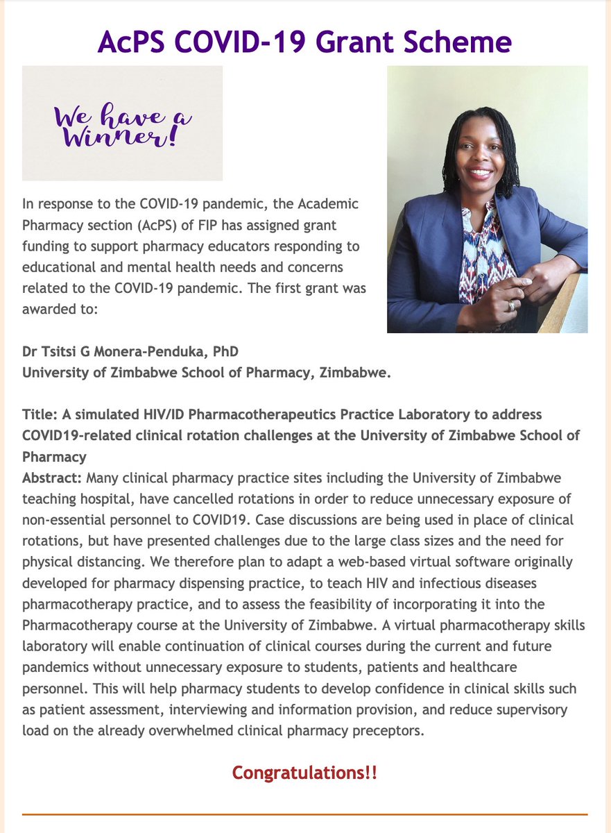 Tsitsi WaShe (@tsigrace) on Twitter photo Looking forward to completing this this project! Thank you <a href="/FIP_AcPS/">FIP Academic Section</a> for supporting #PharmacyEducators responding to the threat of #COVID19 to #ClinicalPharmacy Education.
#HIV #Pharmacotherapy #PharmEd <a href="/UZCHSPERFECT/">UZ-FMHS PETRA</a> <a href="/UZCHS/">UZ-CHS</a> Looking forward to completing this this project! Thank you <a href="/FIP_AcPS/">FIP Academic Section</a> for supporting #PharmacyEducators responding to the threat of #COVID19 to #ClinicalPharmacy Education.
#HIV #Pharmacotherapy #PharmEd <a href="/UZCHSPERFECT/">UZ-FMHS PETRA</a> <a href="/UZCHS/">UZ-CHS</a>