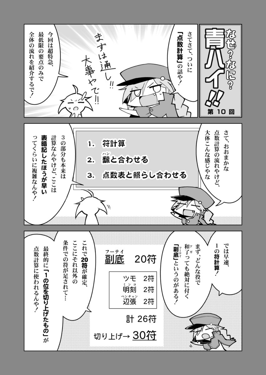 🀄️なぜなに青ハイ! 第十回「点数計算」
オンライン麻雀で対戦する分には「2000→3900→8000→12000……」あたりの約1.5倍ムーブと翻数のイメージが合ってれば大体何とかなるやつです。
数学好きな人は、計算式まで覗いてみても面白いかも。
#青天のハイ #麻雀 