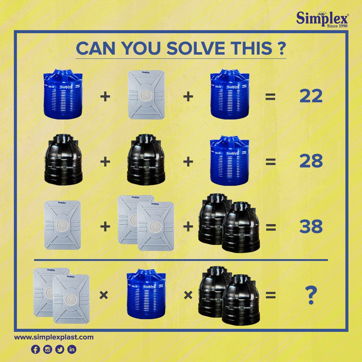 simplexplast's tweet photo. Can you find the right answer?⠀
⠀
#SimplexPlast #SimplexTanks #LoftTanks #PuffTanks #UndergroundWaterTank #TripleLayerTank #Puzzles #Math #Maths https://t.co/aUGjy1Anpl