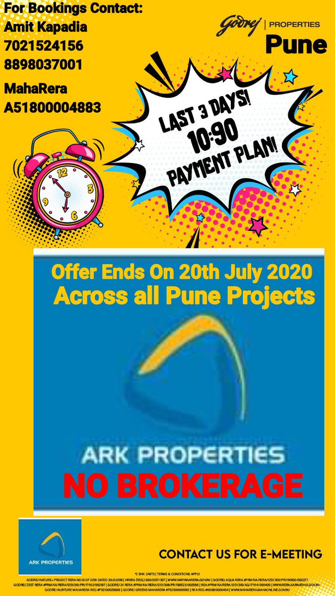 arkpropertiesin's tweet photo. #realestate
#realestateinvesting
#realestatepune
#realestateinvestingpune
#property
#propertypune
Godrej Properties one of the most trusted real estate brand in India presents their Lockdown Offer of 10:90 Scheme in Pune.
Offer Ends 20/07/2020
Amit Kapadia
7021524156
8898037001 https://t.co/nmlhLX4v6a