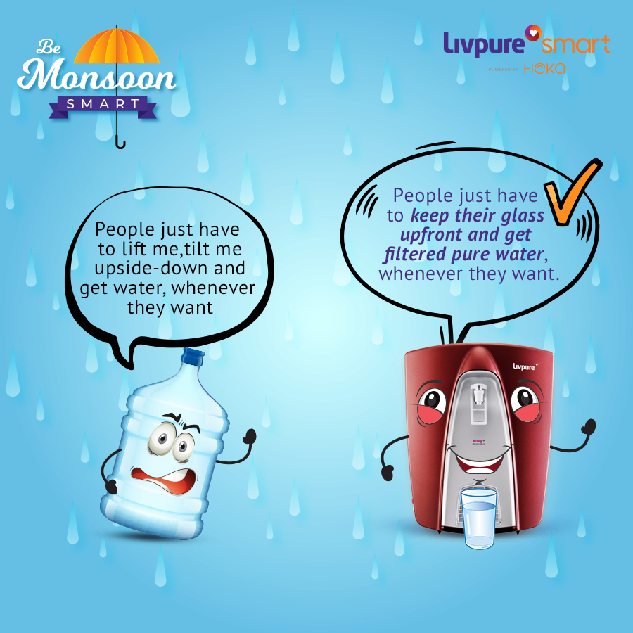 LivpureSmart's tweet photo. This monsoon there's no need for you to either fill up the earthen pot or tilt the water jar upside down. 
#BeMonsoonSmart this year and bring home the smartest choice of water family, Livpure smart. https://t.co/bXnr6nyM8Y