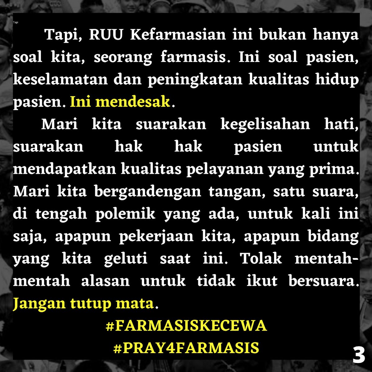 qorisipi's tweet photo. Turut berdukacita untuk teman-teman sejahwat, seperjuangan farmasi dari seluruh Indonesia. Kita sebagai mahasiswa/i farmasi Indonesia sangat kecewa kepada pemerintah. Profesi kita butuh perlindungan hukum yang kuat!!! Kawal terus, semangat!!!
 #farmasiskecewa
#pray4farmasis https://t.co/20iM3bWlms