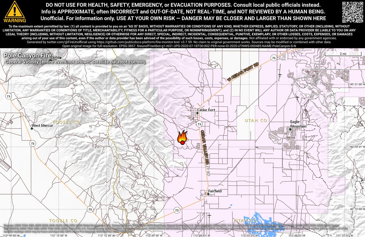 UtahNevFireBot's tweet image. #PoleCanyonFire 🔥 unofficial, automated update.
Near Cedar Fort, UT. ⚠️ DO NOT USE FOR SAFETY PURPOSES - See officials instead. May be incorrect; disclaimers in images.