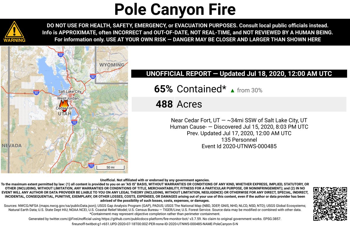 UtahNevFireBot's tweet image. #PoleCanyonFire 🔥 unofficial, automated update.
Near Cedar Fort, UT. ⚠️ DO NOT USE FOR SAFETY PURPOSES - See officials instead. May be incorrect; disclaimers in images.