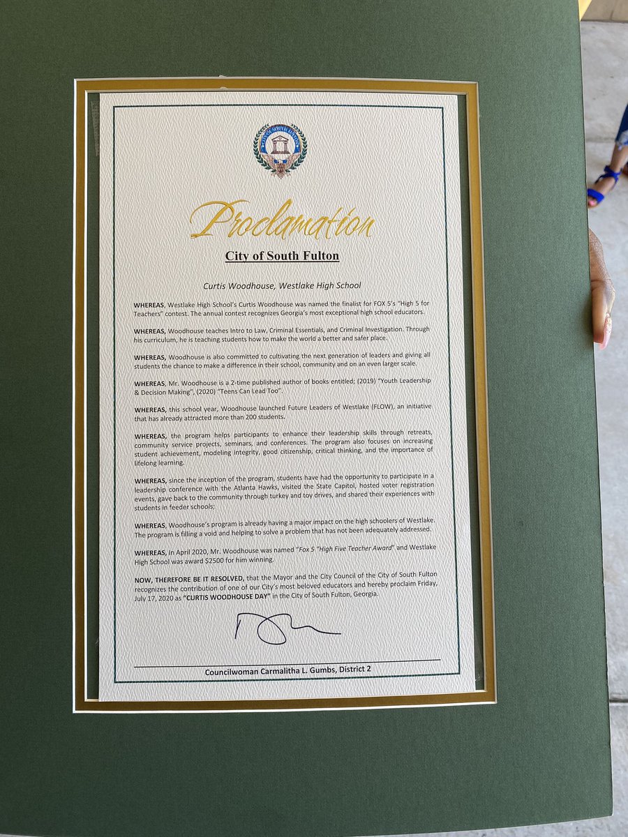 It’s official! Thank you <a href="/CarmalithaG/">Carmalitha Gumbs, Candidate for Mayor, COSF</a> for stopping by <a href="/westlakelions/">Westlake High School</a> to commemorate &amp; celebrate @1bigcurt &amp; <a href="/Westlake_FLOW/">F.L.O.W</a>! Today will always be known as Curtis Woodhouse Day in <a href="/COSFGA/">City of South Fulton</a>! <a href="/FultonCoSchools/">FultonCountySchools</a> <a href="/RonaldBMaxwell/">Ronald B. Maxwell Jr.</a> What an amazing honor recognizing service to our community!