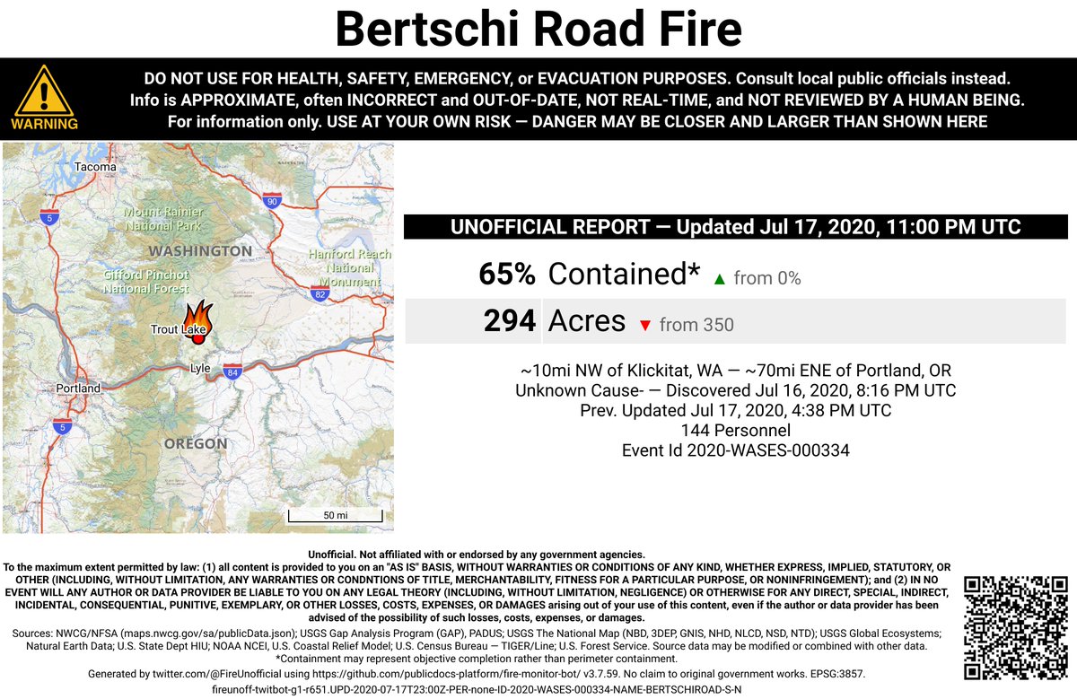PacNWFireBot's tweet photo. #BertschiRoadFire 🔥 unofficial, automated update.
~10mi NW of Klickitat, WA. ⚠️ DO NOT USE FOR SAFETY PURPOSES - See officials instead. May be incorrect; disclaimers in images. https://t.co/S0Q3YVRMsH