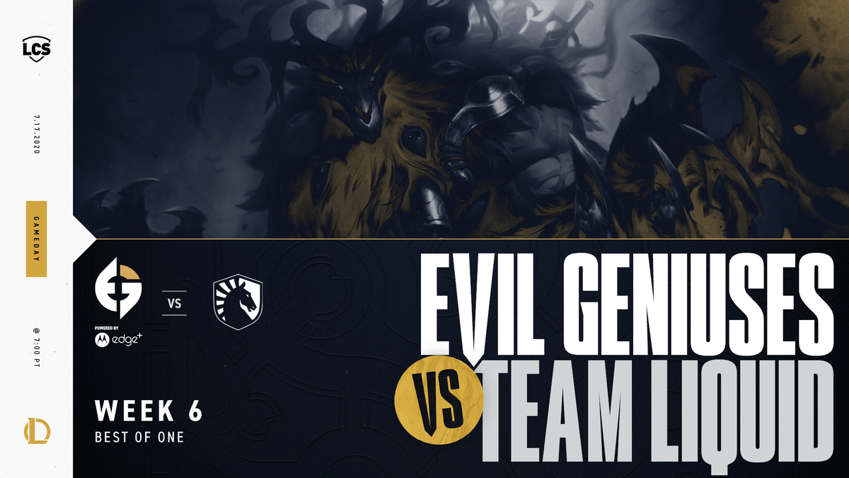 EvilGeniuses's tweet photo. The moment you've all been waiting for.

#EGLCS vs. @TeamLiquidLoL is up now. #EGWIN

🔴 https://t.co/4eMqBc9Yk5 https://t.co/bzocHoe0RA