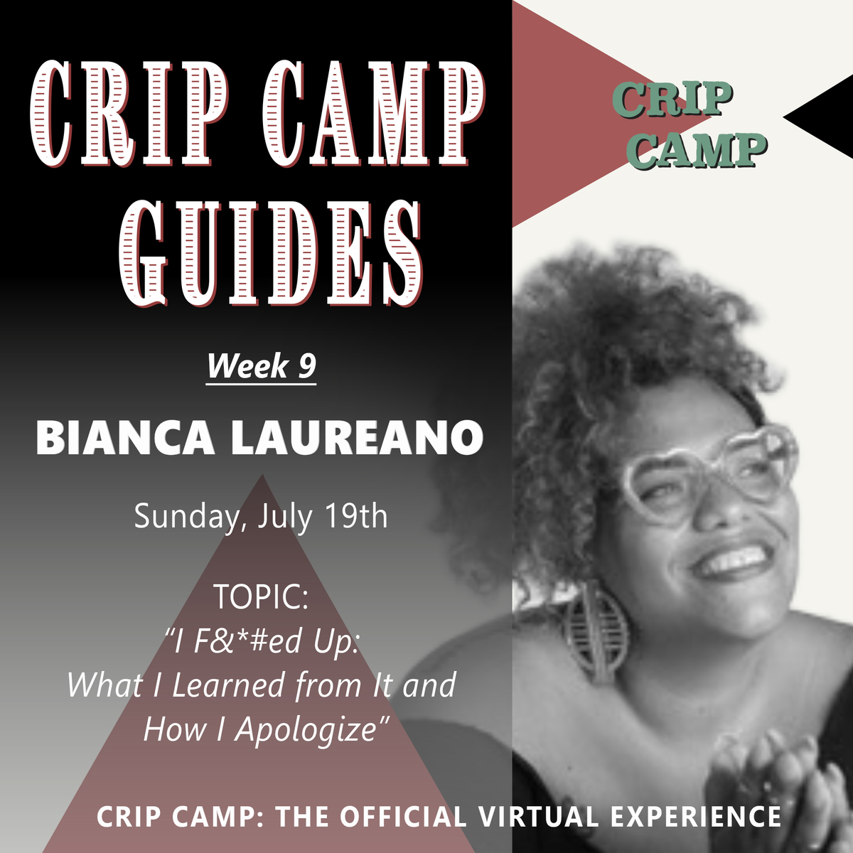 CripCampFilm's tweet photo. @LatinoSexuality, an award-winning educator, curriculum writer, and sexologist, is returning to #CripCampVirtual this Sunday for #CCIEffedUp. Bianca is leading her workshop "I F$%*ed Up: What I Learned from It and How I Apologize." Learn more this Sunday 7/19! https://t.co/7ofOriRkCA