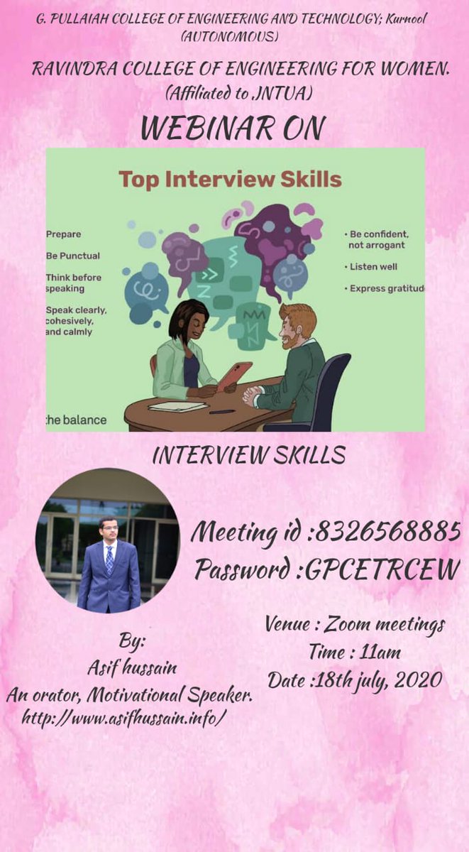 GPCETK's tweet photo. Hey guys !
Today we have a session on the basis of TopInterviewSkills by our special faculty member AsifHussain sir..So don't miss this session!It's a good path to improve your InterviewSkills.Don't miss the opportunity guys!
Venue:ZoomMeeting.
Meeting ID&amp;Password is in the post. https://t.co/Znc7UxysWD