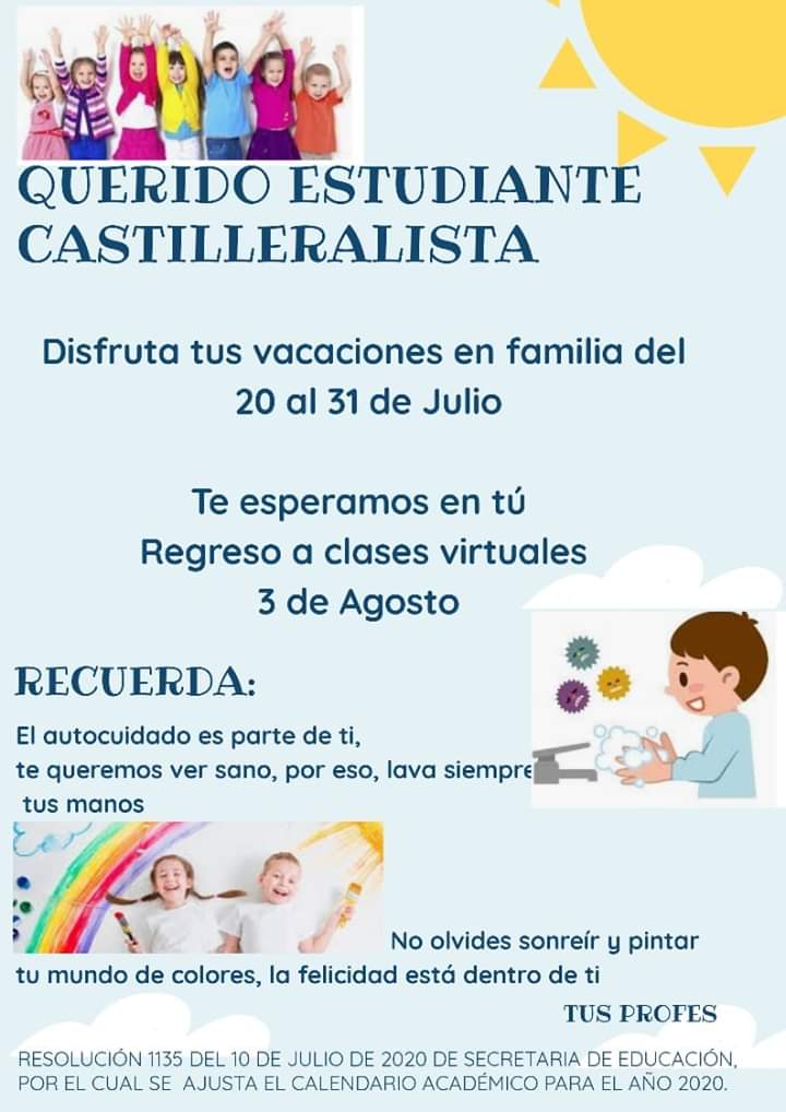 CeCastilleral's tweet photo. Apreciados estudiantes les deseamos que disfruten y aprovechen sus vacaciones para compartir en familia.
En nombre del rector, coordinador, docentes y orientador escolar, les recordamos tener las medidas de autocuidado pertinentes, queremos volverte a ver. https://t.co/m1EGnqqblM