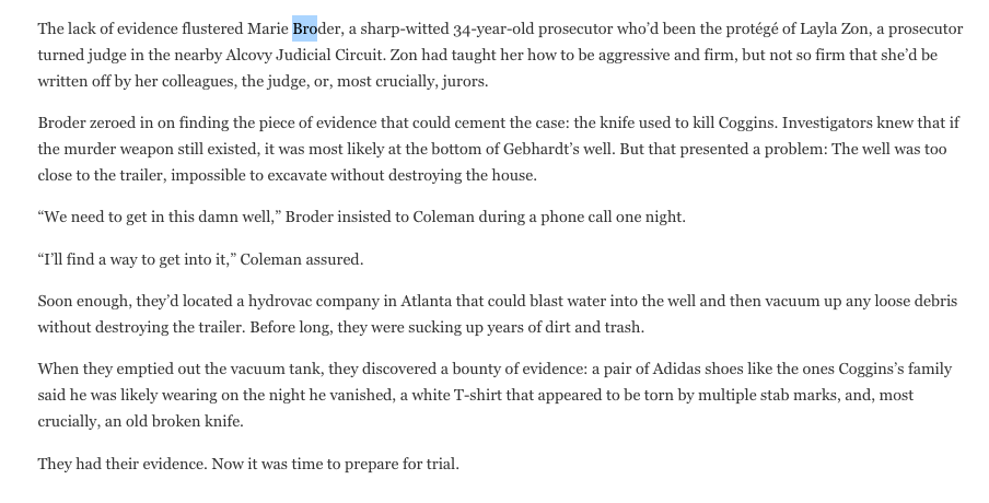 Marie Broder, one of the local prosecutors, was stunned by how little physical evidence they had. Her and Coleman began working to figure out how to fix that. Then they figured it out: Gephardt's well  #InTheColdDarkNight
