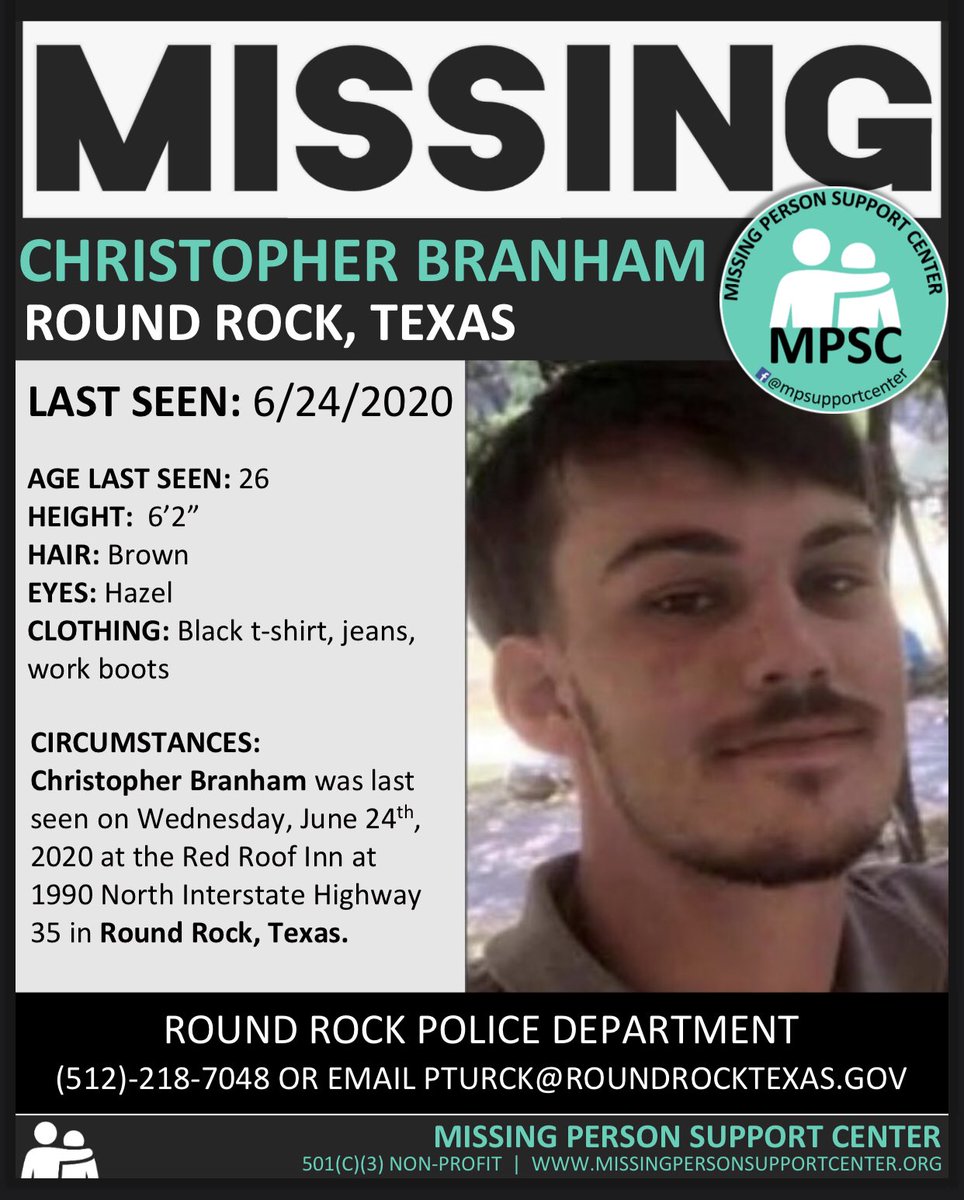 mpsupportcenter's tweet photo. •••MISSING IN TEXAS•••  CHRISTOPHER BRANHAM                 Round Rock, TX Last Seen- 6/24/20
#Missing #MissingPerson #Texas #EveryOneCounts @crimeonlinenews @JacquelynMGray                           https://t.co/DpszSXkoo6 https://t.co/PTCjGCLK33