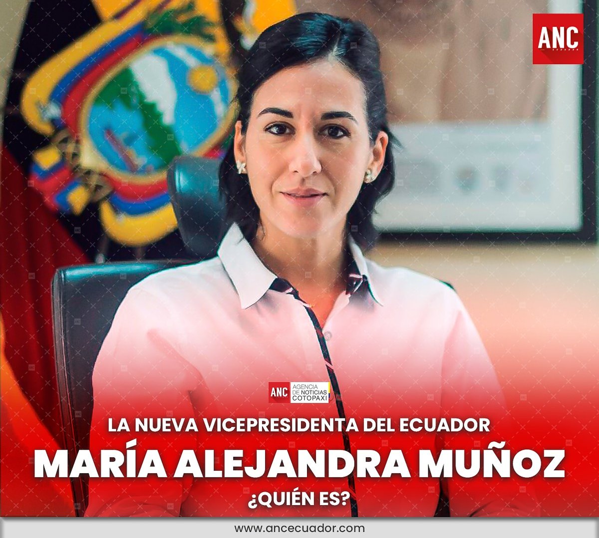 ANCecuador's tweet photo. #NuevaVice 

¿Quién es la nueva #Vice?

María Alejandra Muñoz, vicepresidenta del #Ecuador, es una abogada guayaquileña de 41 años de edad.

Lee más sobre ella aquí 👉🏻 https://t.co/Rcf23k2wZV https://t.co/Lt3xPi2hSO
