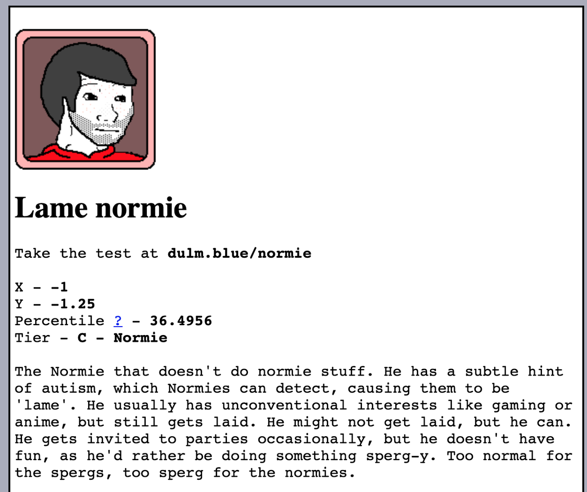 Normie Test:Lame Normie http://dulm.blue/normie/&nbsp;