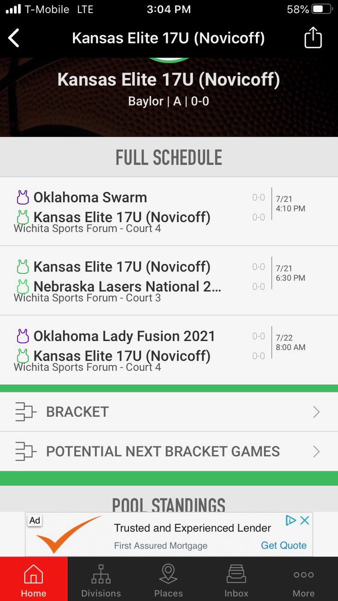 Hey Coaches here is our schedule for next Tuesday U17 Novicoff. Game four will be bracket play on Wednesday! #EliteFamliy