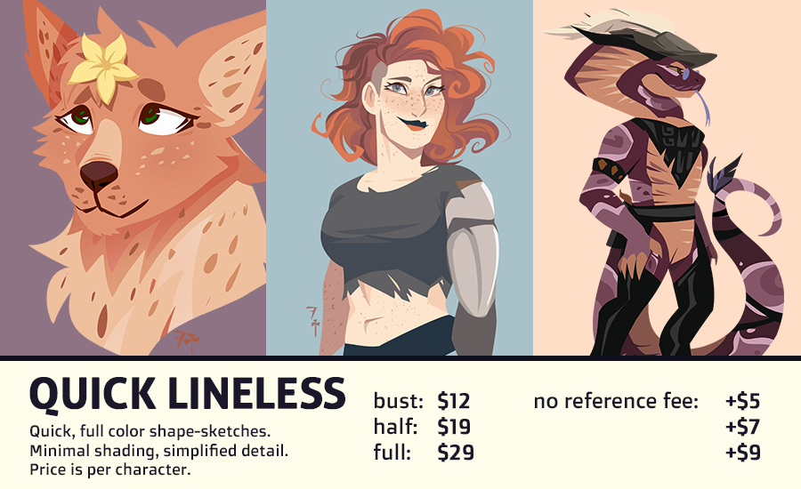 [ #artph ] Character Commissions are OPEN!

Here are my updated USD prices. Now offering fullbodies in my cheapest style, lineless full illustrations, and busts for my other two styles.

I can draw Quad/Anthro/Human/Some Mecha.
Paypal or BPI ??

INFO! https://t.co/csknDKBEAd❗️❗️ 