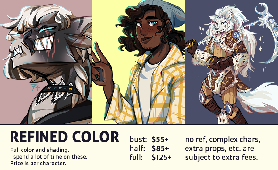 [ #artph ] Character Commissions are OPEN!

Here are my updated USD prices. Now offering fullbodies in my cheapest style, lineless full illustrations, and busts for my other two styles.

I can draw Quad/Anthro/Human/Some Mecha.
Paypal or BPI ??

INFO! https://t.co/csknDKBEAd❗️❗️ 