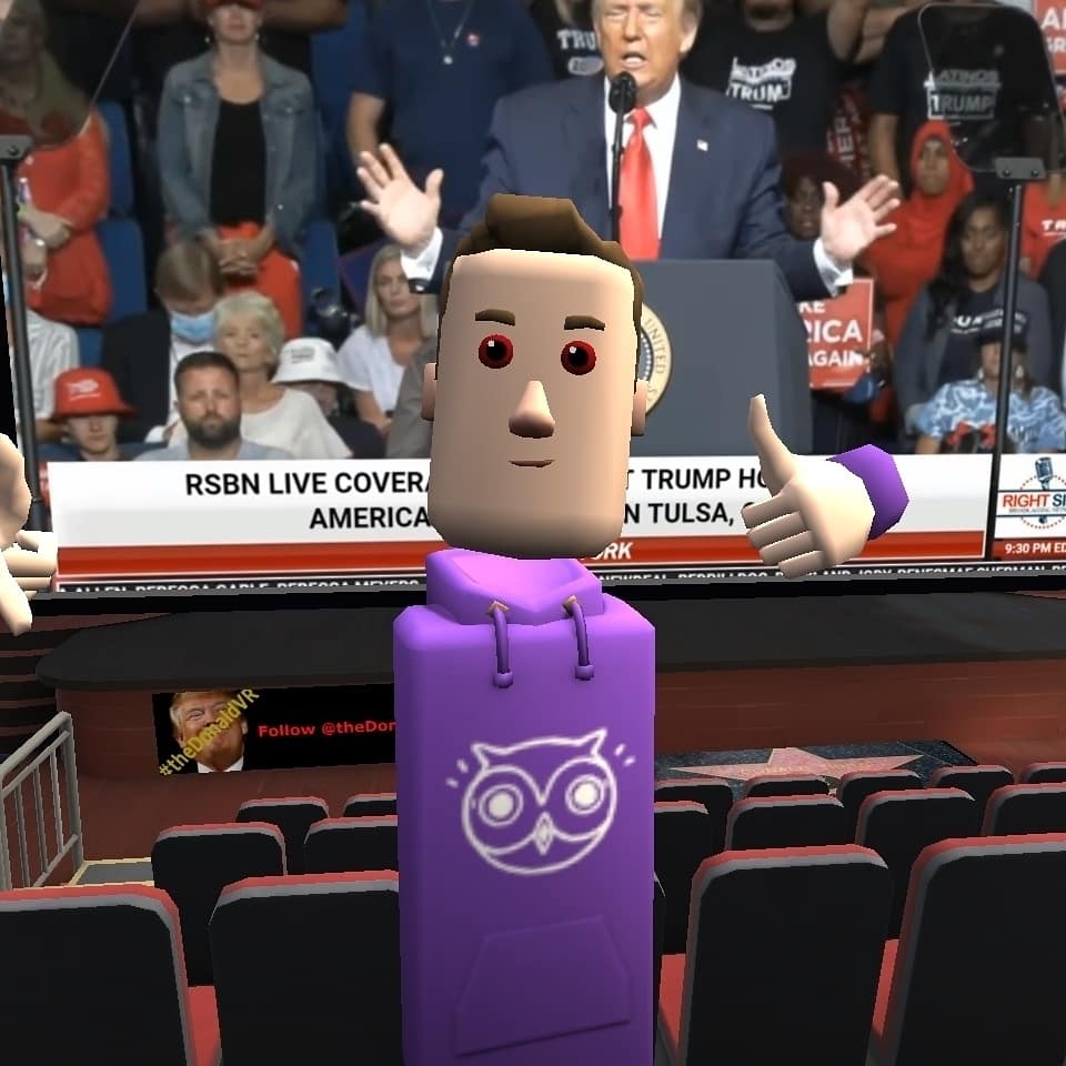 thedonaldvr's tweet photo. The rally starts at 8pm PST!! #TrumpRally #TrumpVR #KAG2020 #altspacevr #vr #MAGA https://t.co/UHVDJYRBRG