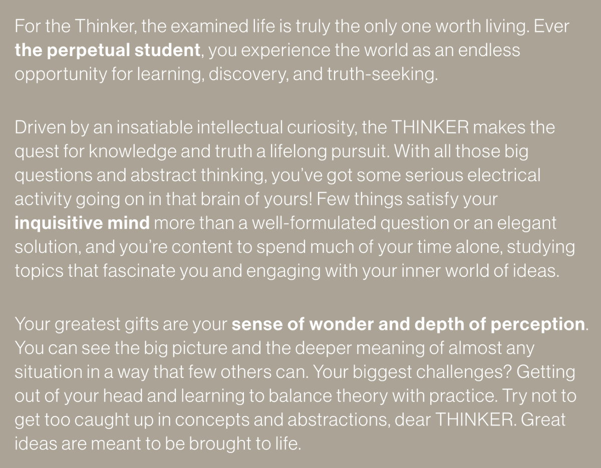 My creative type is Thinker.Goes hand-in-hand w my INTJ personality type https://mycreativetype.com/share/visionary/.