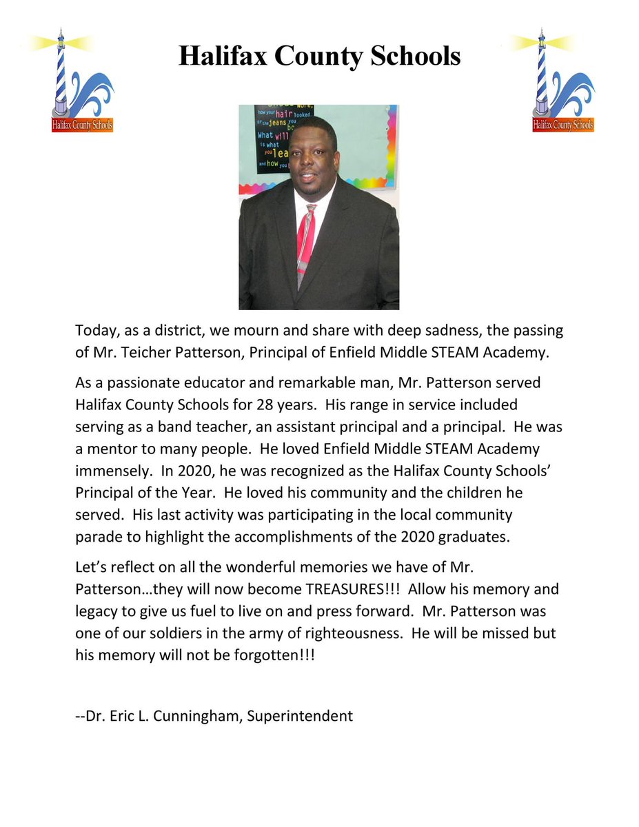 HalifaxRise's tweet photo. In loving Memory of our Beloved Principal Mr. Teicher Patterson...."The PROUD PRINCIPAL OF ENFIELD MIDDLE STEAM Academy.
Halifax County School District @EnfieldSteam https://t.co/zByObzPgml