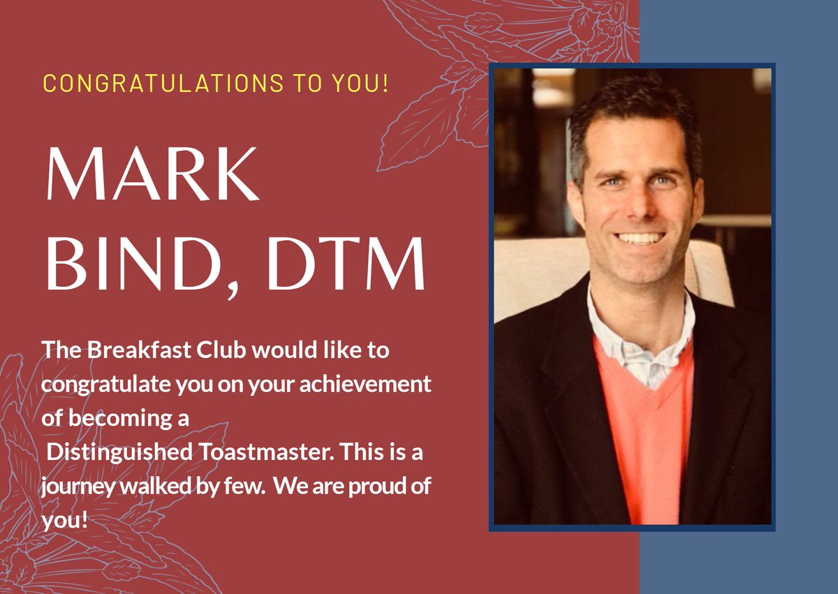 TBC_Toastmaster's tweet photo. The Breakfast Club would like to congratulate one of our members @MarkBind for achieving the highest award you can get at Toastmasters International, Distinguished Toastmaster.

Well done Mark! 👏🏾👏👏🏼 https://t.co/HkCeDNx7Et