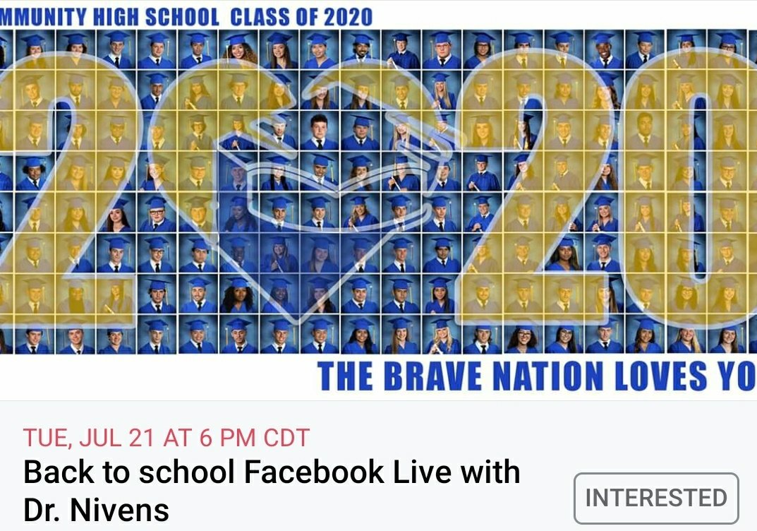 Dr_RNivens's tweet photo. Join me on Tuesday July 21, 2020 for our Destination 8:26 back to school Facebook Live Session. I will discuss our Destination 8:26 plan for the safe return of our Braves. @communityisd
@NES_Braves
@McClendonBraves
@CHSBraveNation
@EMSBraves

https://t.co/1QYecXokOI https://t.co/hnwYfBdFKn